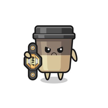 Kahve fincanı maskotu karakteri şampiyon kemeri olan bir MMA dövüşçüsü tişört, çıkartma, logo elementi için şirin bir tasarım.