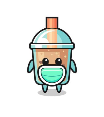 Maske takan şirin balonlu çay karikatürü, tişört, çıkartma, logo elementi için şirin bir tasarım.