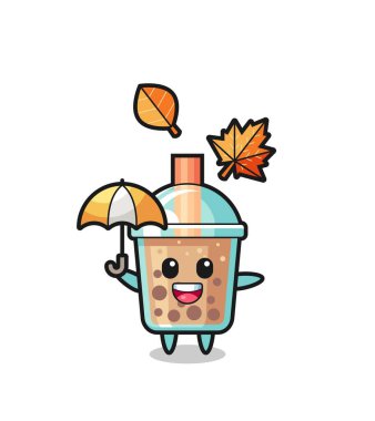 Sonbaharda elinde şemsiye tutan şirin baloncuk çayının çizgi filmi tişört, çıkartma ve logo elementi için şirin bir tasarım.