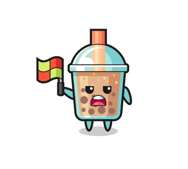 Çizgi hakemi olarak balonlu çay karakteri bayrağı kaldırıyor, tişört, çıkartma, logo elementi için şirin bir tasarım.