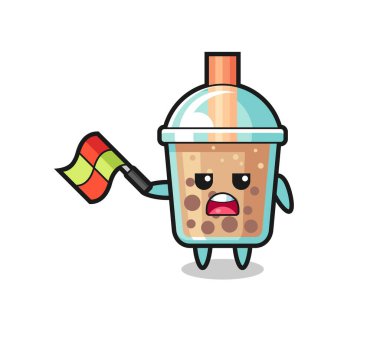 Çizgi film yargıcı olarak baloncuk çay çizgi filmi bayrağı 45 derecelik açıyla kaldırın, tişört, çıkartma, logo elementi için şirin bir tasarım yapın.