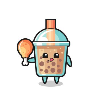 Şirin baloncuk çay maskotu kızarmış tavuk yiyor. Tişört, çıkartma, logo elementi için şirin bir tasarım.