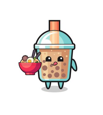 Şirin köpüklü çay karakteri erişte yiyor. Tişört, çıkartma, logo elementi için şirin bir tasarım.