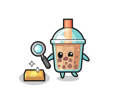 Balonlu çay karakteri altın külçesinin orijinalliğini kontrol ediyor. Tişört, çıkartma, logo elementi için şirin bir tasarım.