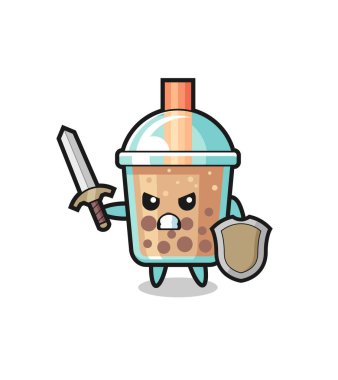 Şirin köpüklü çay asker kılıçla ve kalkanla savaşıyor. Tişört, çıkartma, logo elementi için şirin bir tasarım.