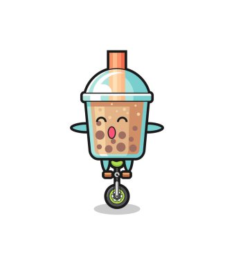 Şirin köpüklü çay karakteri sirk bisikleti sürüyor. Tişört, çıkartma, logo elementi için şirin bir tasarım.