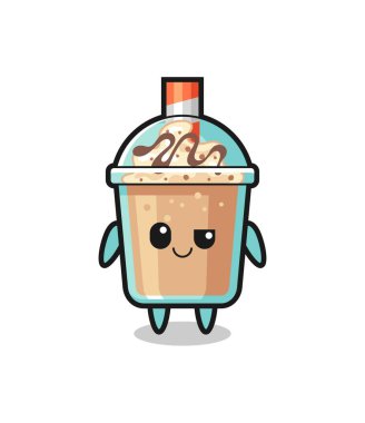 Kibirli bir ifadeyle milkshake karikatürü, tişört, etiket, logo elemanı için şirin bir tasarım.