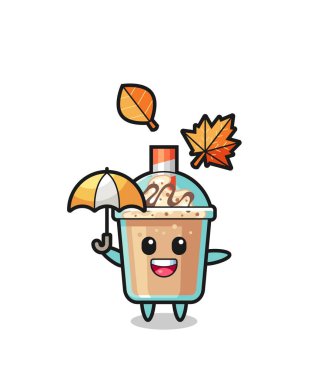 Sonbaharda elinde şemsiye tutan şirin milkshake karikatürü, tişört, etiket, logo elementi için şirin bir tasarım.