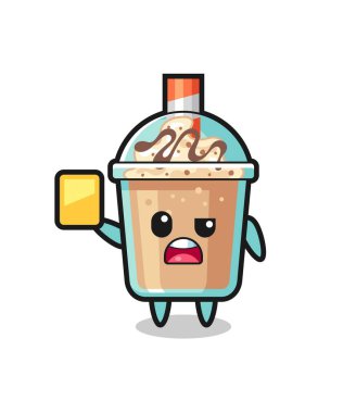 Futbol hakemi olarak çizgi film milkshake karakteri sarı kart veriyor, tişört, çıkartma, logo elementi için şirin bir tasarım.