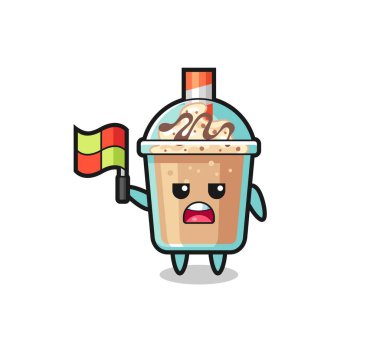 Çizgi hakemi olarak milkshake karakteri bayrağı kaldırıyor, tişört, çıkartma, logo unsuru için şirin bir tasarım.