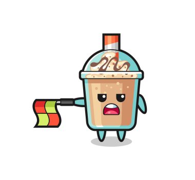 Çizgi hakemi olarak milkshake karakteri bayrağı yatay tutun, tişört, etiket, logo ögesi için şirin bir tasarım yapın