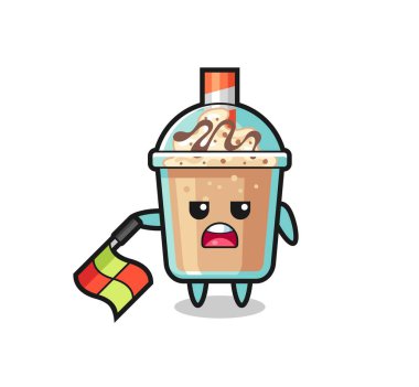 Çizgi hakemi olarak milkshake karakteri bayrağı 45 derecelik açıyla aşağıda tut, tişört, çıkartma, logo elementi için şirin bir tasarım.