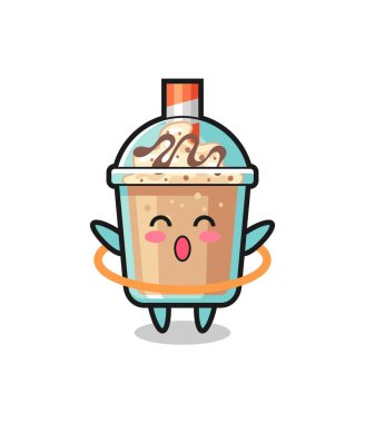 Şirin milkshake karikatürü hula hoop oynuyor. Tişört, çıkartma, logo elemanı için şirin bir tasarım.
