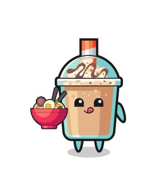 Erişte yiyen sevimli milkshake karakteri, tişört, çıkartma, logo elementi için şirin tasarım.