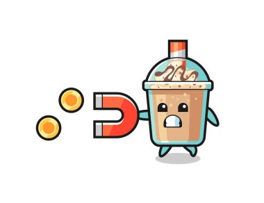 Milkshake karakteri altın sikkeleri yakalamak için bir mıknatıs tutar, tişört, çıkartma, logo elementi için şirin bir tasarım