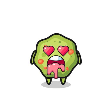 Kalp şeklinde gözleri olan sevimli bir kusmuğun aşık olma ifadesi tişört, etiket, logo elementi için şirin bir tasarım.