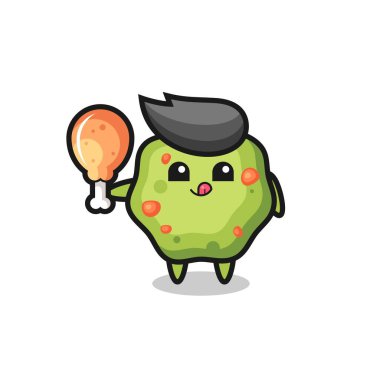 Kusmuk sevimli maskot kızarmış tavuk yiyor. Tişört, çıkartma, logo elementi için şirin bir tasarım.