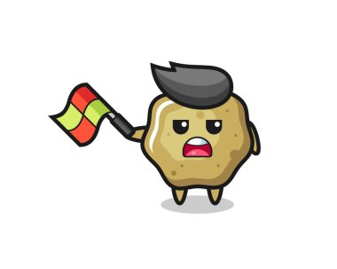 Çizgi roman yargıcı bayrağı 45 derecelik açıyla kaldırırken gevşek tabureler tişört, çıkartma, logo elementi için şirin bir tasarım.