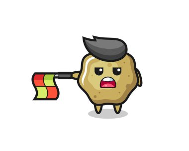 Çizgi yargıcı olarak gevşek tabure karakteri bayrağı yatay tutun, tişört, etiket, logo elementi için şirin bir tasarım yapın