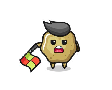 Çizgi hakimi olarak gevşek tabure karakteri bayrağı 45 derecelik açıyla tutun, tişört, çıkartma, logo elementi için şirin bir tasarım yapın.