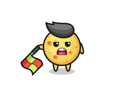 Çizgi hakemi olarak yuvarlak peynir karakteri bayrağı 45 derecelik açıyla aşağıda tut, tişört, çıkartma, logo elementi için şirin bir tasarım.