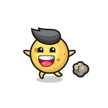 Koşu pozlu mutlu yuvarlak peynir çizgi filmi, tişört, çıkartma, logo elementi için şirin bir tasarım.