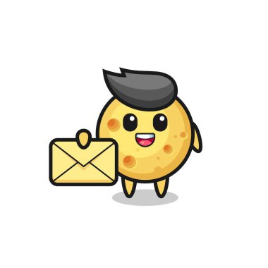 Sarı bir harf taşıyan yuvarlak peynirin çizgi film çizimi. Tişört, çıkartma, logo elementi için şirin bir tasarım.