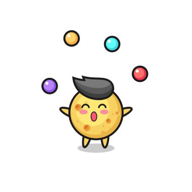 Yuvarlak peynirli sirk çizgi filmi bir topla hokkabazlık, tişört, çıkartma, logo elementi için şirin bir tasarım.