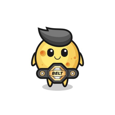 Kemeri, tişörtü, çıkartması ve logosu için şirin bir tasarımı olan MMA dövüşçüsü yuvarlak peynir maskotu.