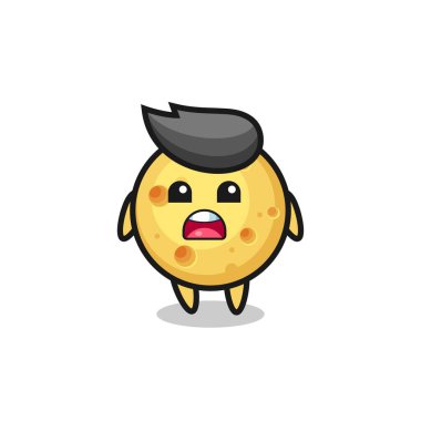 Özür dileyen bir ifadeyle yuvarlak peynir çizimi, tişört, etiket, logo elementi için şirin bir tasarım.