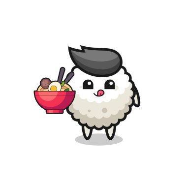 Erişte yiyen sevimli pirinç topu karakteri, tişört, çıkartma, logo elementi için şirin bir tasarım.