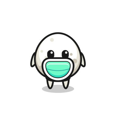 Maske takan sevimli bir onigiri karikatürü. Tişört, çıkartma, logo elementi için şirin bir tasarım.