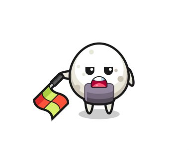 Onigiri karakteri çizgi hakemi olarak bayrağı 45 derecelik açıyla tutun, tişört, çıkartma, logo elementi için şirin bir tasarım.