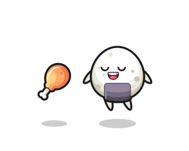 Tatlı Onigiri kızarmış tavuk, tişört, çıkartma ve logo elementi için şirin bir tasarım yüzünden havada süzülüyor ve cezbediyor.