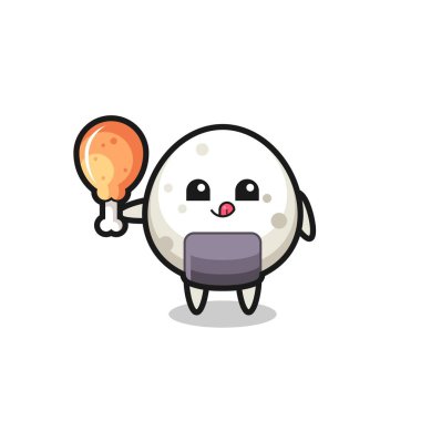 Onigiri şirin maskotu kızarmış tavuk yiyor. Tişört, çıkartma ve logo için şirin bir tasarım.