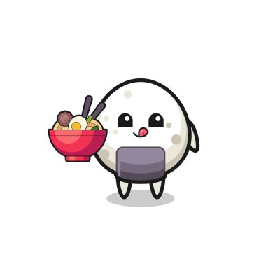 Erişte yiyen sevimli onigiri karakteri, tişört, çıkartma, logo elementi için şirin tasarım.