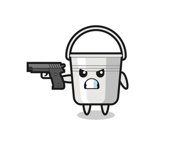 Cute Metal Bucket Character Shoot Gun Cute Style Design Shirt — Stock Vector