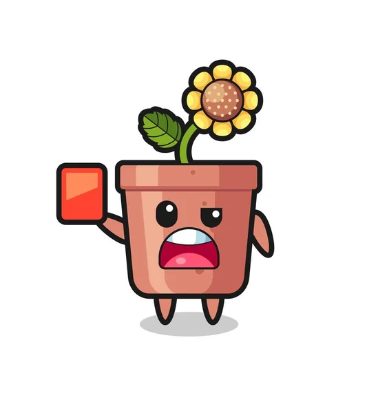 Sunflower Pot Cute Mascot Referee Giving Red Card Cute Style — Stock Vector