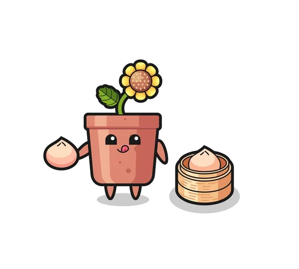 Personnage Pot Tournesol Mignon Mangeant Des Petits Pains Cuits Vapeur — Image vectorielle