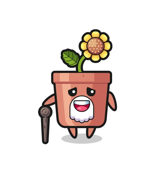 Cute Sunflower Pot Grandpa Holding Stick Cute Style Design Shirt — Stock Vector