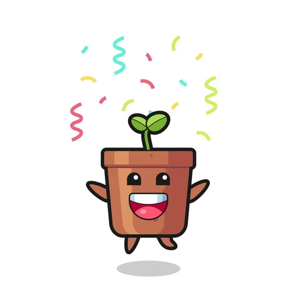 Mascotte Pot Plante Heureuse Sautant Pour Féliciter Avec Des Confettis — Image vectorielle