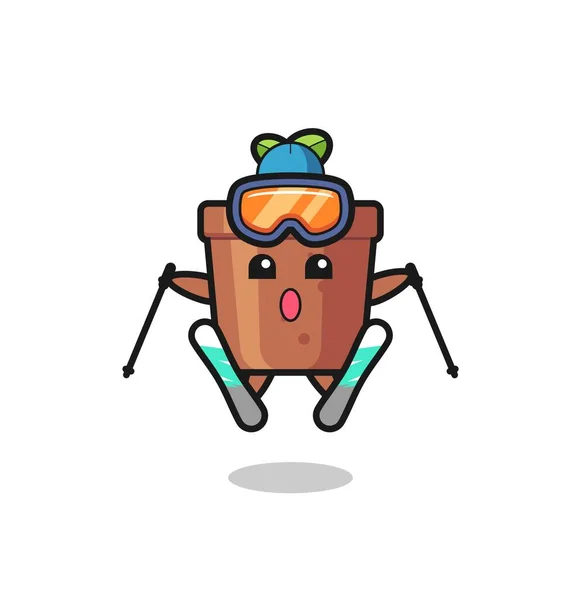 Plant Pot Mascot Character Ski Player Cute Style Design Shirt — Stock Vector