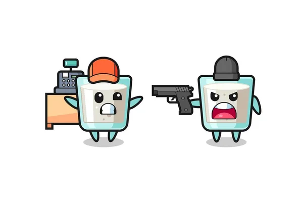 Ilustracja Cute Mleka Jako Kasjer Jest Skierowany Pistolet Przez Rabusia — Wektor stockowy