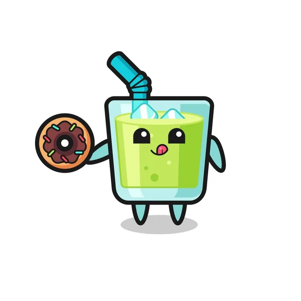 Illust Melon Juice Character Eating Donghnut Lindo Diseño Estilo Para — Vector de stock