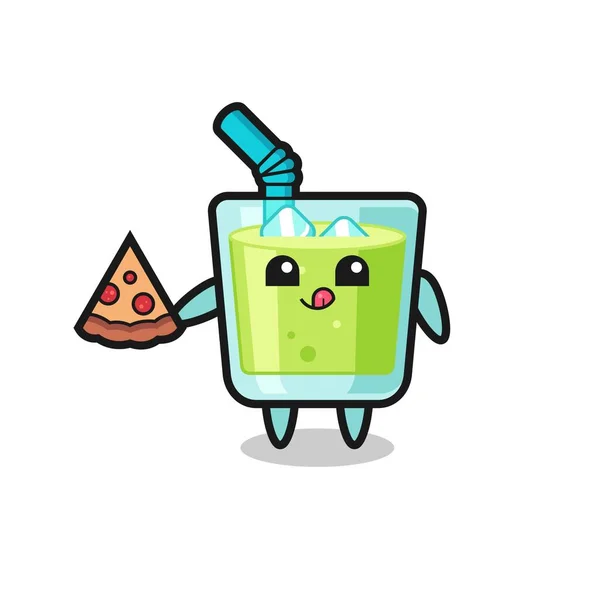 Lindo Jugo Melón Dibujos Animados Comer Pizza Lindo Diseño Estilo — Vector de stock