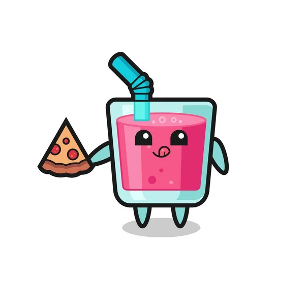 Lindo Jugo Fresa Dibujos Animados Comer Pizza Diseño Estilo Lindo — Vector de stock
