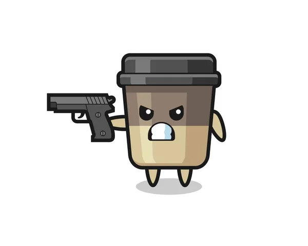 Personagem Bonito Copo Café Atirar Com Uma Arma Design Estilo — Vetor de Stock