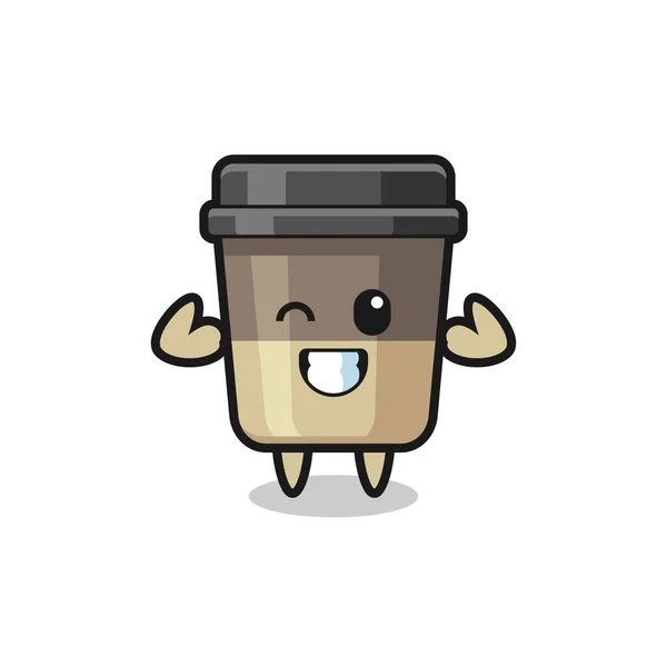 Personagem Copo Café Muscular Está Posando Mostrando Seus Músculos Design — Vetor de Stock