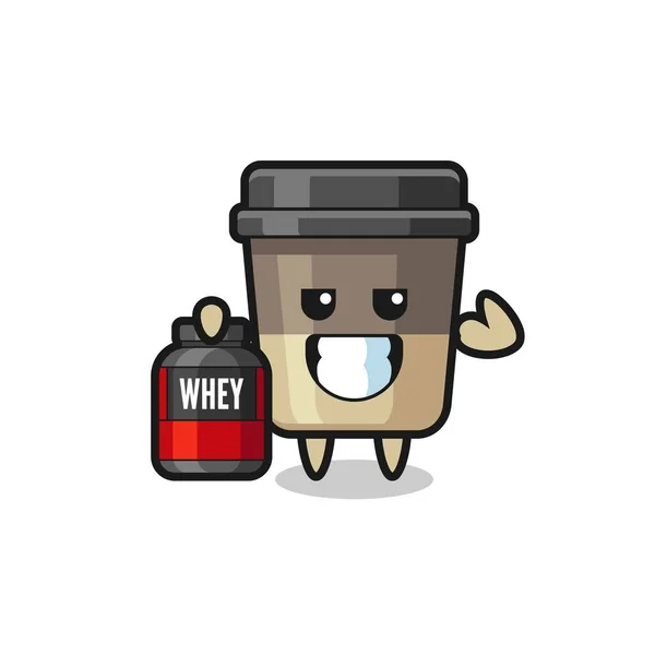 Muscular Coffee Cup Character Holding Protein Supplement Cute Style Design — Stock Vector