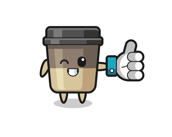 可爱的咖啡杯 带有社交媒体大拇指的符号 可爱的T恤样式设计 标志元素 — 图库矢量图片
